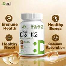 Supplement Vitamin D3K2, 250 Veggie Softgels, 2 In 1 (5000 D3+100mcg K2 MK7)| Healthy Bones, Teeth, Heart, Immune System Healthcare Dietary Fitness Edible - 一 - 查看 8
