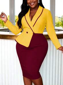 AOMEI Plus Size Elegant Office Women's Yellow And Burgundy Color Block Lapel Tie Dress, Suitable For Graduation, Back To School, And Church - Burgundy - View 3
