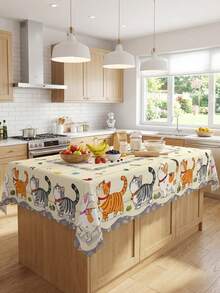 1 pieza Mantel rectangular con estampado de huella de gato de dibujos animados en color beige, estilo campestre soñador para reuniones de amantes de los gatos, de poliéster impermeable y resistente al aceite con bordes con volantes, lavable y reutilizable, ideal para la cocina, comedor familiar, decoración del hogar diaria, accesorio esencial de cocina y hogar para entusiastas de los gatos - Multicolor - Ver 13