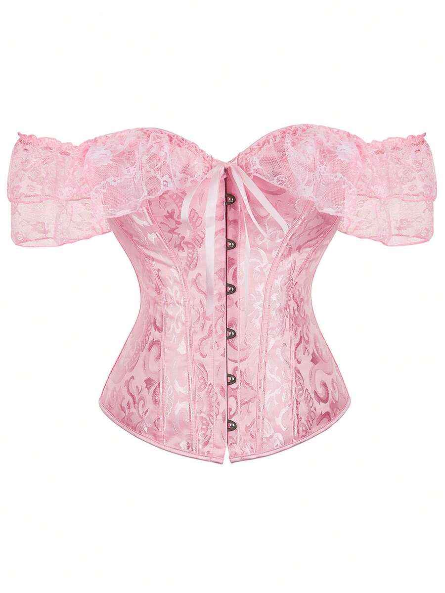 Áo corset trễ vai phối ren, xếp ly, chất liệu jacquard dành cho nữ, thích hợp cho tiệc năm mới, ngày Valentine, mùa hè. - Hồng - Xem 1