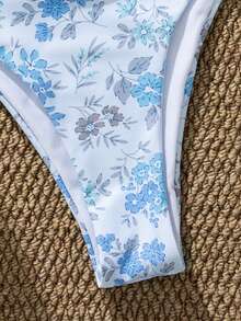 Bộ bikini hoa nhí 2 món dành cho nữ - Áo bơi dây tam giác với mặt dây chuyền hình vỏ sò, quần bơi cạp cao kiểu dây mảnh, đồ bơi dễ thương cho kỳ nghỉ hè ở bãi biển. - Màu xanh nhạt - Xem 6