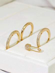 4pcs/Set Fashion Design Brooch Rings, Copper Plated Zirconia Rings Gift For Women - A Gold Three-layer Ring - View 4