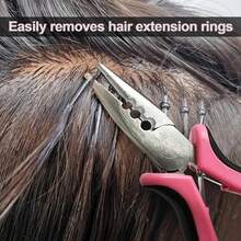 Bộ dụng cụ nối tóc màu hồng bao gồm kìm kéo tóc, móc nối tóc và 100 vòng nối tóc nhỏ. - Xem 10