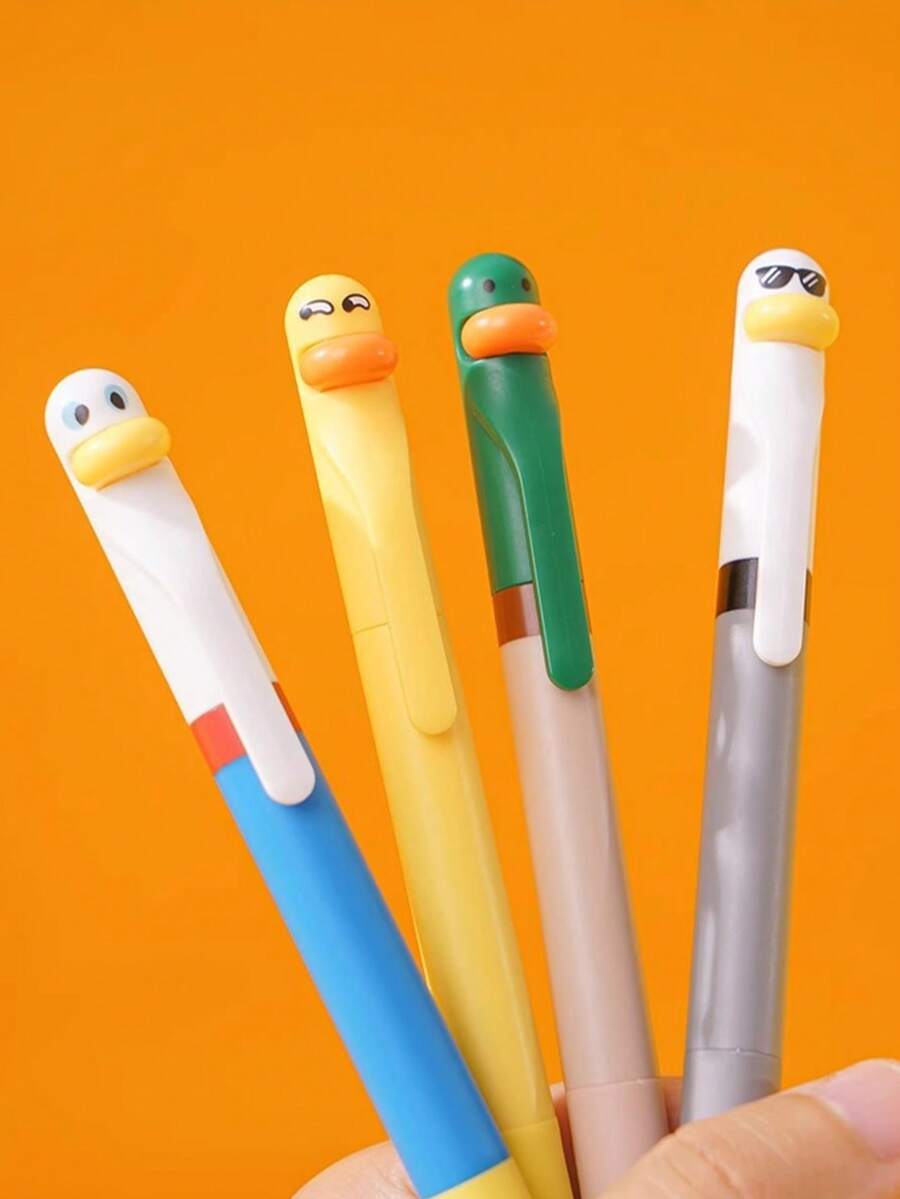 Bộ 4 bút bi hình vịt, bút mực gel đen, viết trơn tru, đầu bút thu gọn 0.5mm, thích hợp để viết, dùng trong văn phòng, trường học, chuẩn bị cho năm học mới.