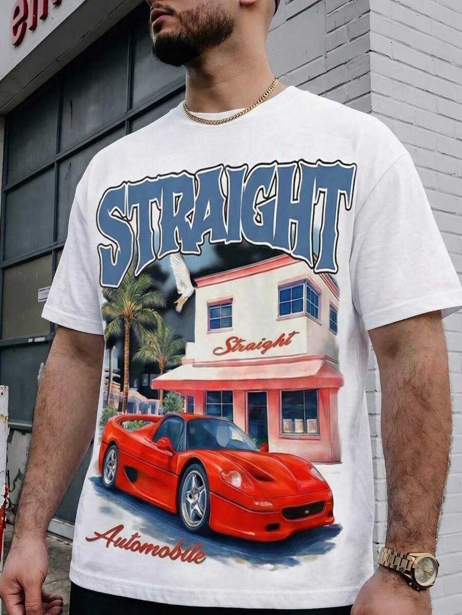 Áo thun nam tay ngắn cổ tròn in hình xe đua "STRAIGHT", phong cách đường phố năng động. - trắng - Xem 1