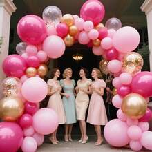 117件套粉色气球拱门花环套装，玫瑰红配金属玫瑰金亮片气球，适用于公主主题派对、婚礼、生日、单身派对、夏季和花园派对装饰用品 - 多色 - 查看 4