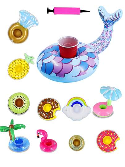 11个泳池饮料杯垫和1个充气泵，可充气放置饮料，泳池杯架，充气饮料杯垫，漂浮杯垫，多形状游泳杯架，水上漂浮配件，适用于游泳池、海滩度假村、派对礼物、送给亲朋好友的礼物、婚礼、单身派对、泳池装饰，夏季游泳池必备