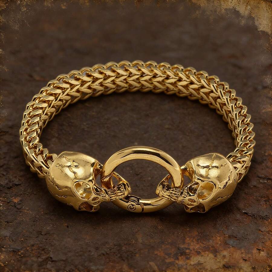 1pc Stainless Steel Gothic Double Skull Interlocking Bracelet With Ring Clasp, Men's Halloween Punk Party Jewelry - Fashion - View 1