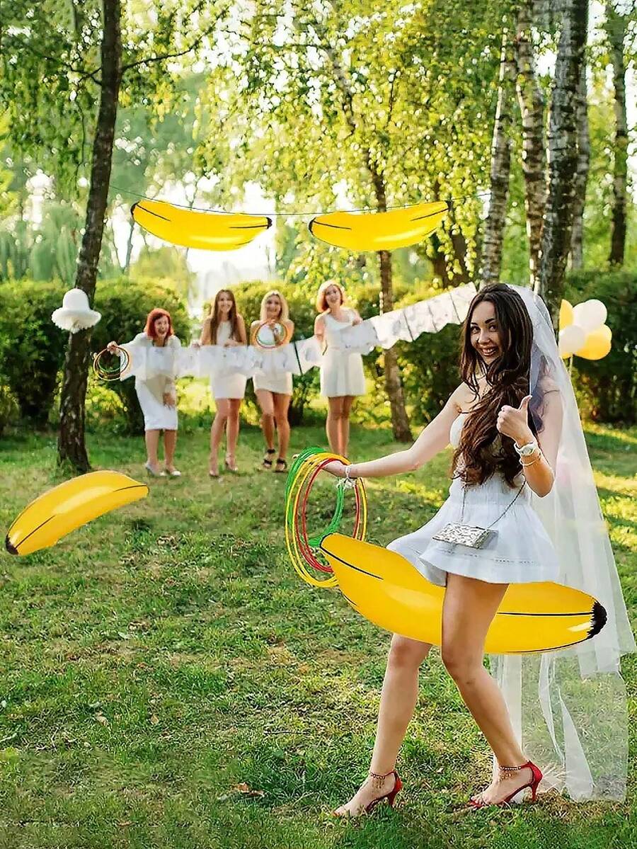 5pcs/Set - Inflatable Banana Toss Game Set, Suitable For Bachelor Party, Bachelorette Party, Engagement Party, Lingerie Party, Christmas, Mother's Day, Graduation Party (1 Banana And 4 Rings). For Adult Use Only. - Yellow - View 1
