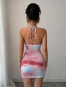 Đầm ngắn ôm sát hở lưng, cổ thắt nút, in họa tiết tie-dye gợi cảm, thanh lịch cho bãi biển, tiệc tùng hoặc hẹn hò. - Màu sắc - Xem 2