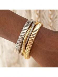 1pc Fashionable Minimalist Multi-Layer Line Wrapped Geometric Open Cuff Snake Bone Bracelet Suitable For Daily Wear Party And Gathering - 多色的 - 查看 4