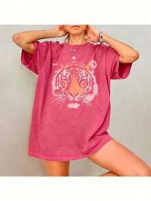 Vintage Tiger Tee - Retro Animal  T-Shirt, 90s Animal Gift For Tiger Lover, Wild Cat Shirt, JungleTiger Graphic Tee220G Heavyweight1830% CottonT-Shirt - 玫紅色 - 查看 3