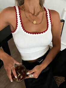 Camiseta de tirantes de punto acanalado para mujer, estilo ajustado con ribete de color contrastante, blanco verano - Blanco - Ver 10
