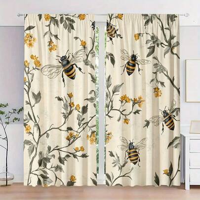 2pcs Honeysuckle And Bee Pattern Printed Sheer Curtains, Suitable For Bedroom, Living Room, Office And Home Decor, With Rod Pocket Design, Fit For Rod Installation, Decorative Curtains