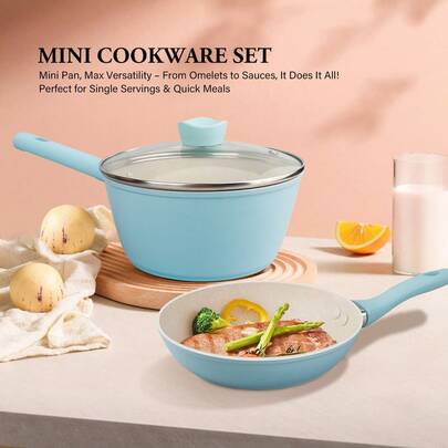 ABKOK Disponible como artículos individuales o como un set de 2 piezas: Sartén antiadherente de aluminio azul/rosa y olla de guiso (olla de guiso de 7.09 pulgadas + sartén de 7.09 pulgadas) - Con un diseño que ahorra espacio, este set es una opción ideal para solteros y parejas, y un elemento indispensable para cualquier cocina. Los artículos se pueden comprar individualmente o como un set completo (disponible en dos colores); adecuado para usar en todo tipo de estufas.