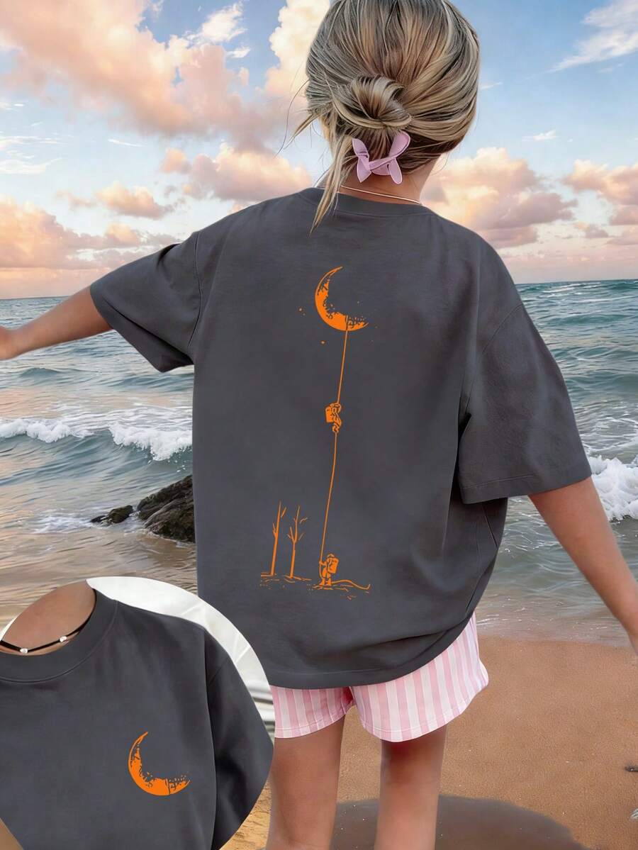 1pc Tween Girl Printed Short Sleeve T-Shirt, Student Youth Clothing, Summer Gift For Kids - Dark Grey - View 1