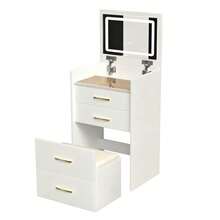 3-In-1 Dressing Table With Open Mirror / Small Dressing Table Set / With Clear Glass Tabletop / Space-Saving Design / Suitable For Small Rooms, Apartments And Bedrooms - White - View 5