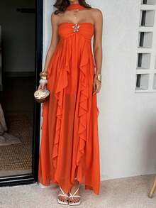 Women's Sexy Orange Spaghetti Strap Backless Ruffle Rhinestone Star Dress, Lining, Suitable For Vacation, Beach, Wedding Guest Elegant - Orange - View 10
