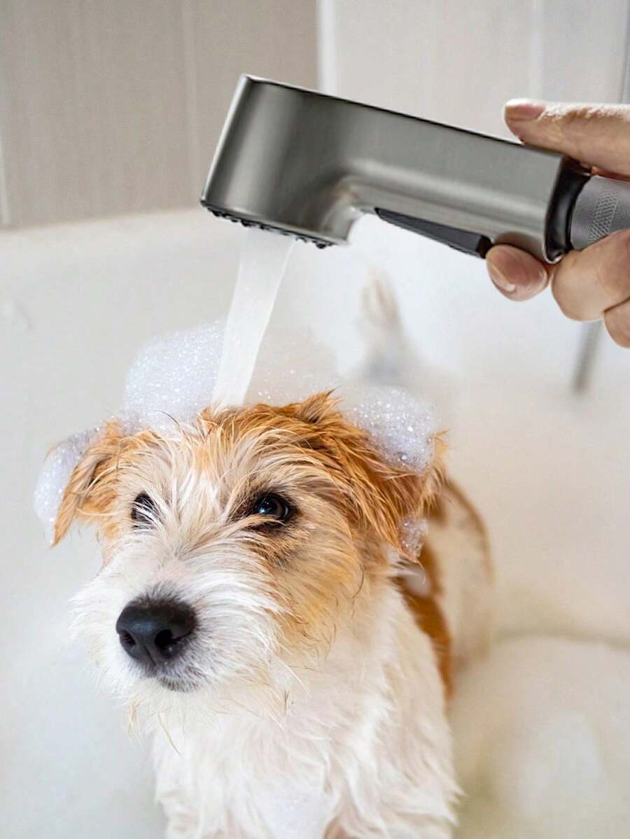 Pet Bathing Shower Sprayer Set With Flexible Stainless Steel Hose & No-Drill Holder, High Pressure Dog Shower Head With One-Button Pause Control, Pet Grooming Tool For Dogs Cats - Grey - View 1