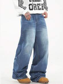 1 chiếc quần jeans nam Justice Brother dáng rộng, chất liệu denim đã qua xử lý, kiểu dáng thường ngày, ống rộng (không bao gồm thắt lưng và phụ kiện) - Rửa tối - Xem 7