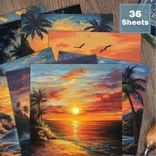 36 pièces de papier pour scrapbooking de 6 x 6 pouces avec paysage de coucher de soleil et mer, style vintage avec palmiers. Convient pour le collage, les projets d'origami, le papier DIY, le scrapbooking, le bullet journal, le collage d'art | Éléments naturels - Carré - Voir 9