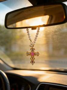 1pc Rhinestone Cross Shaped Alloy Car Interior Rearview Mirror Pendant Decoration - one-size - View 5