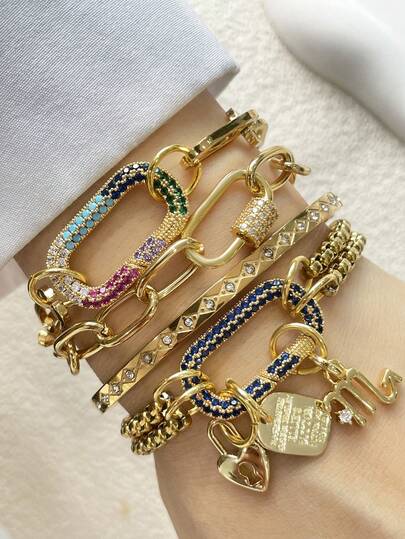 1pc Gold Tone Zodiac Constellation Bracelet, Luxury Navy Blue Rhinestone Oval Clasp Stainless Steel Chain Bracelet, Elegant Gift For Women Party