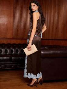 Luxury Women's Mid-Length Brown Polyester Non-Sheer Skirt With Delicate Lace Trim - Coffee Brown - View 3