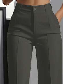 Women's Solid Color Button Pocket Zipper Office Pants - Dark Gray - 1 - View 2
