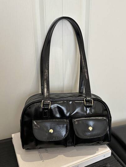 新款复古保龄球包，3D立体口袋装饰，拉链开口，轻便简约，小容量休闲软肩包，通勤必备