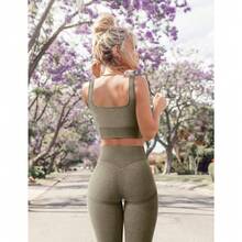 OLCHEE Womens Workout Sets 2 Piece Seamless Square Neck Sports Bra Padded Butt Lifting Leggings High Waist Yoga Gym Outfits - 橄欖綠 - 查看 4