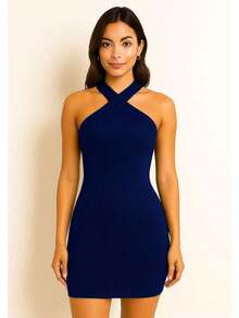 Short Dress With Crossed Straps – Fitted, Sexy, And Elegant For Parties - Navy Blue - View 1