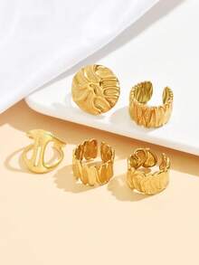 5pcs Asymmetrical Lava Design Open Rings Set, Exaggerated Thick Metal Geometric Stainless Steel Rings, Waterproof Non-Fading Jewelry For Women Party Wear - Geometry - View 5