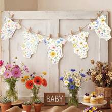 80英寸花卉图案婴儿派对背景布，可爱花卉印花新生儿派对装饰，配有绳子和夹子，可自行悬挂，适合迎婴派对、婴儿房装饰。 - 彩色 - 查看 5