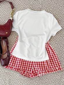Casual Cute Letter Print Crew Neck Fitted T-Shirt With Red & White Plaid Shorts Set For Teenage Girls - White - View 3