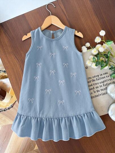 Girls' Fashion Loose Casual Dress, Bowknot 3D Denim Embroidery Elegant Denim Dress, Children Cute Solid Color A-Line Denim Dress