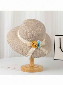 1pc Spring/Summer Foldable Floral Sun Hat, Women Beach Vacation Sunscreen Hat - A - View 9