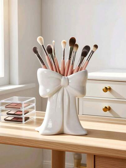 Hộp đựng cọ trang điểm hình nơ, hộp đựng cọ trang điểm dễ thương và thanh lịch với gương có đèn nền dịu nhẹ, có màu hồng và trắng, lý tưởng cho bàn trang điểm phòng ngủ, bàn trang điểm, quà tặng cho phụ nữ, trang trí nhà cửa.