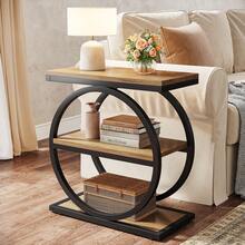 Side End Table With 3 Storage Shelves, Industrial Sofa Table With Round Metal Frame For Living Room, Engineered Wood Nightstand For Bedroom, Oak - Nâu nhạt và đen - Xem 9
