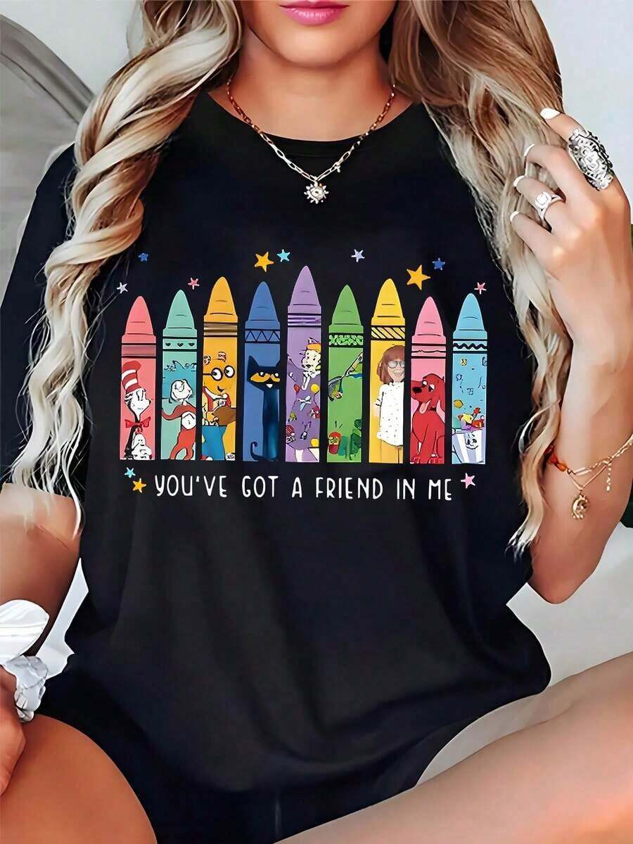 Women'S Crayon Graphic Tee- "You'Ve Got A Friend In Me" Design, Casual Short Sleeve Summer Top, Black With Colorful Pencil Illustration, Machine WashableWomen's T-Shirt-Vintage Street Style Unisex Loose Cotton Short Sleeve Crew Neck T-Shirt100% Pure Cotton - 黑色 - 查看 1