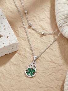1pc European And American Celtic Knot Necklace, Double-Layer Four-Leaf Clover Pendant Necklace With Zirconia, Fashionable Elegant Luxury Clavicle Chain Suitable For Women's Daily, Party, Vacation, Holiday Decoration - Necklace - View 4