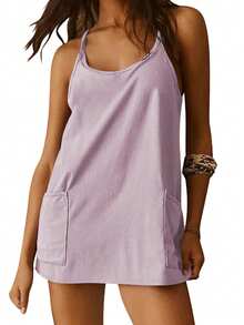 Women Athletic Mini Dresses Built-In Shorts Set Summer Sleeveless Sundress Hot Shot Mini Dress - Màu tím hoa cà - Xem 5