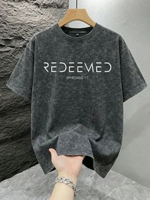 GRDR 1 pieza Camiseta de manga corta con estampado vintage lavada para hombres, adecuada para el verano, cómoda y transpirable, de moda - Negro - Ver 3