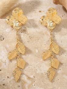 一对奢华复古花卉长耳环，时尚百搭的金色耳环，适合日常佩戴 - 金色 - 查看 3