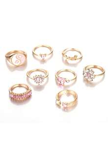 Set de 8 piezas de joyería vintage para mujer con corazones de cristal con puntos, anillos asimétricos para uso diario - Multicolor - Ver 6