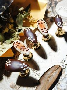Handmade Press On Nails 10Pcs Almond Shape Chocolate Brown Gradient Leaf Pattern Glossy Finish Reusable False Nails For Daily Wear - Coffee Brown - View 5