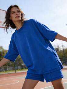 Women's Oversized Summer Casual 2 Piece Tracksuit Set Pullover Top & Shorts - 克萊茵藍 - 查看 2