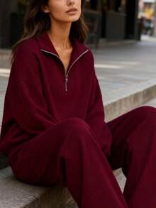 Women's Solid Color Drop Shoulder Long Sleeve Zip-Up Half Placket Casual Hoodie,Summer/Spring - 紅色*新春升級款 - 查看 3