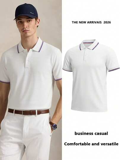 Men's Summer Short Sleeve Polo Shirt, Contrast Color Collar, Business Casual Breathable Versatile Commuter Top