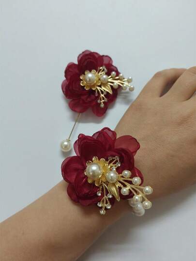 1pc/2pcs Red Camellia Flower With Beads Decor Wrist Corsage, Bridal Bridesmaid Wedding Party Prom Romantic Accessory, Brooch Decoration